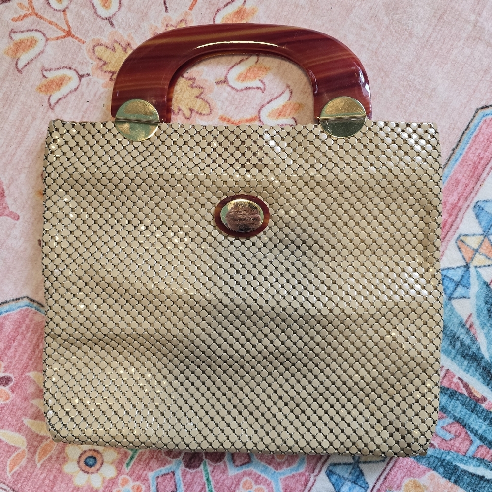 Whiting & Davis Mesh Tan Tortoise Shell Handle Purse
